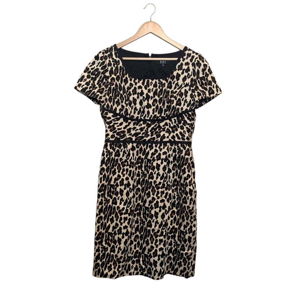 Alex‎ Marie Dress Leopard Print Short-Sleeve Midi Scoop Neckline Sz 8 Mob Wife